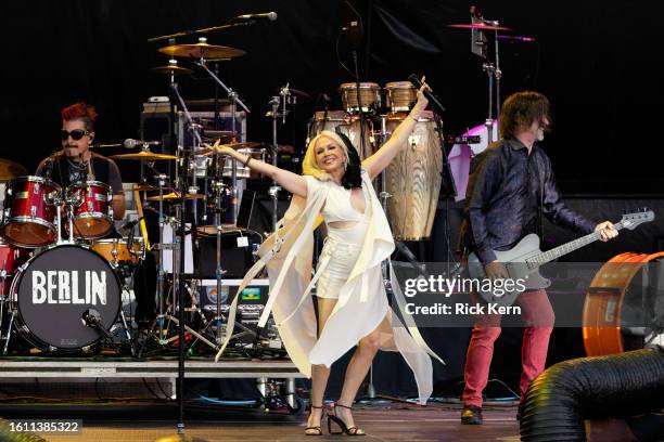Ric "Rocc" Roccapriore, Terri Nunn, and David Diamond of Berlin perform in concert during "The Letting It Go Show" at Germania Insurance Amphitheater...
