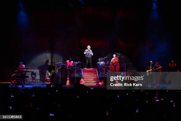 Roy Hay, Boy George, and Mikey Craig of Culture Club perform in concert during "The Letting It Go Show" at Germania Insurance Amphitheater on August...