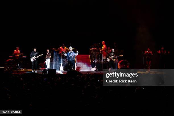 Roy Hay, Boy George, and Mikey Craig of Culture Club perform in concert during "The Letting It Go Show" at Germania Insurance Amphitheater on August...