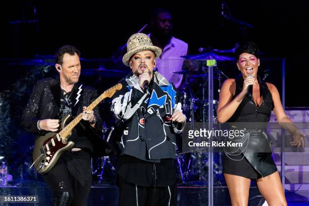 Roy Hay and Boy George of Culture Club perform in concert during "The Letting It Go Show" at Germania Insurance Amphitheater on August 12, 2023 in...