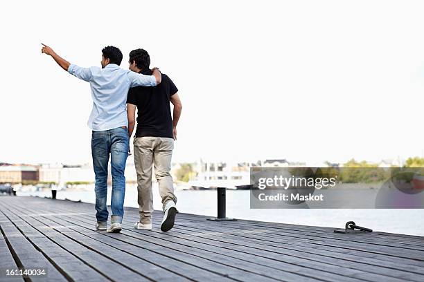 rear view of man pointing at something to friend while walking on pier - arm around back stock pictures, royalty-free photos & images