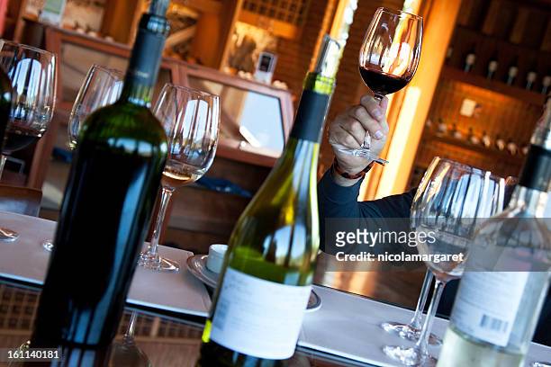 person holding up glass at winetasting - wine bar stock pictures, royalty-free photos & images