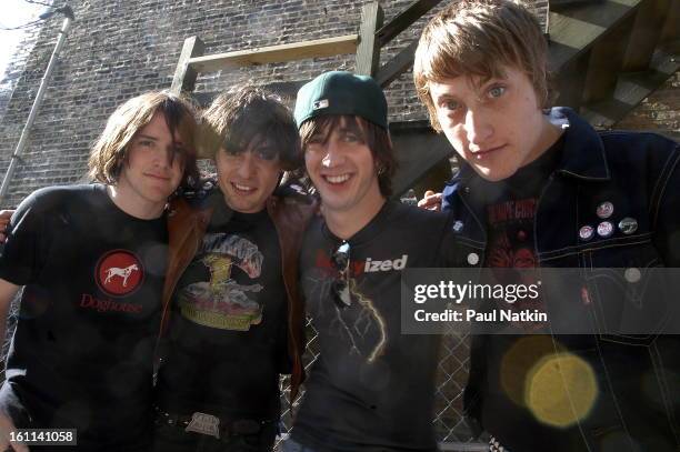 Portrait of American alternative rock group All American Rejects as they pose outdoors, Chicago, Illinois, May 20, 2003. Pictured are from left,...