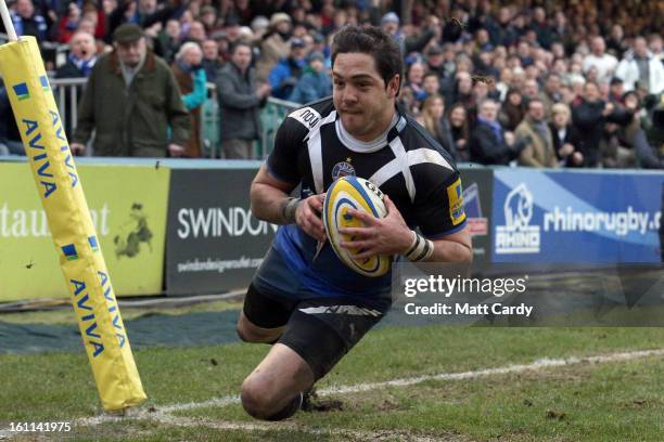 Bath's Horacio Agulla comes across the try line during the Aviva Premiership match between Bath and Worcester Warriors at the Recreation Ground on...