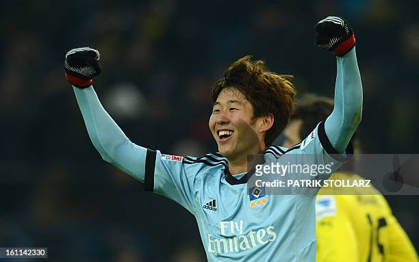 Hamburg's Korean striker Heung Min Son celebrates at the end of the German first division Bundesliga football match Borussia Dortmund vs Hamburger SV...