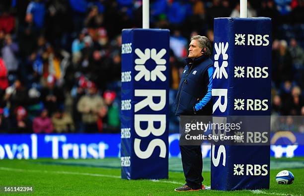 Scotland coach Scott Johnson looks on before the RBS Six Nations match between Scotland and Italy at Murrayfield Stadium on February 09, 2013 in...