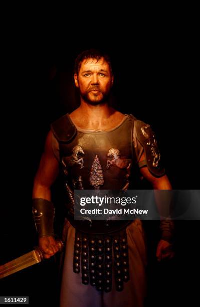 Wax replica of actor Russell Crowe in the film "Gladiator" is on display at the Hollywood Wax Museum August 28, 2001 in Hollywood, CA. The museum,...