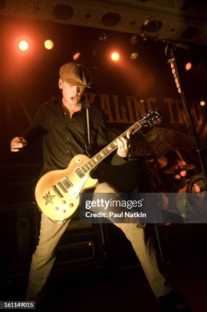 American punk band Alkaline Trio perform at Metro, Chicago, Illinois, April 20, 2009. Pictured is guitarist Matt Skiba--drummer Derek Grant is mostly...