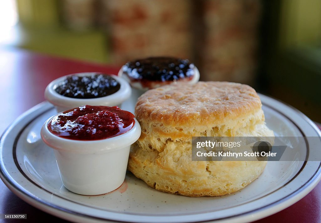 The Denver Biscuit Company, 3237 E. Colfax Ave., is busy preparing their biscuits for the day, including enough to go along in their Denver Biscuit Bus, which visits and sells biscuits at area farmer's markets. One item on the menu is the biscuit with a j