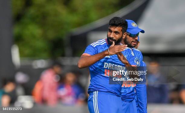 Dublin , Ireland - 20 August 2023; India captain Jasprit Bumrah signals for a review during match two of the Men's T20 International series between...