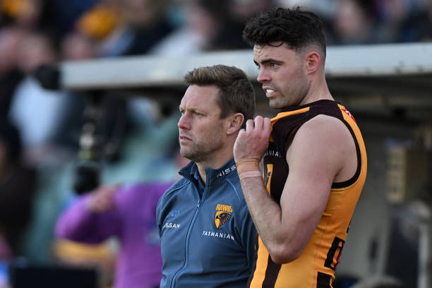 Sam Mitchell, Senior Coach of the Hawks, and Conor Nash of the Hawks look on during the round 22 AFL match between Hawthorn Hawks and Western...