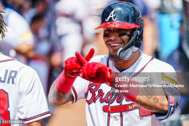 Orlando Arcia of the Atlanta Braves celebrates after hitting a home run in the second inning during the game against the San Francisco Giants at...
