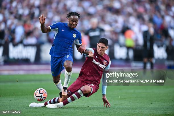 Raheem Sterling of Chelsea and Edson Alvarez of West Ham United in action during the Premier League match between West Ham United and Chelsea FC at...