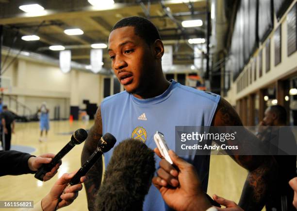 Denver Nuggets, Carmelo Anthony, talks to the media after practice in regards to his coach, George Karl, who announced Tuesday that he has squamous...