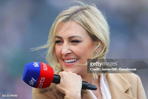 Sky Sports presenter Kelly Cates during the Premier League match between Newcastle United and Aston Villa at St. James Park on August 12, 2023 in...