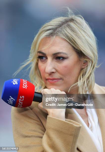 Sky Sports presenter Kelly Cates during the Premier League match between Newcastle United and Aston Villa at St. James Park on August 12, 2023 in...