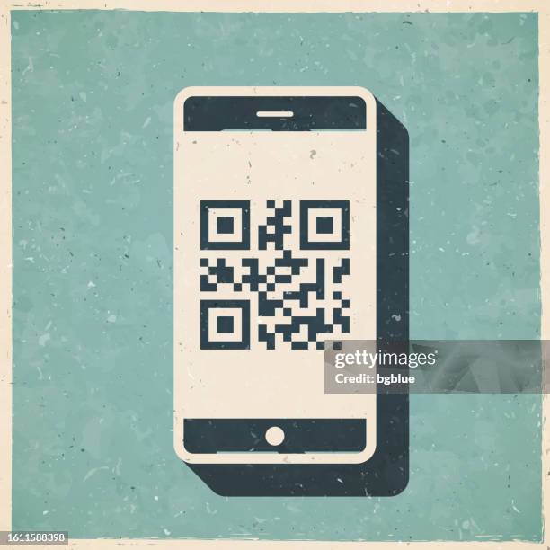 ilustrações de stock, clip art, desenhos animados e ícones de smartphone with qr code. icon in retro vintage style - old textured paper - papers scanning to digital vector