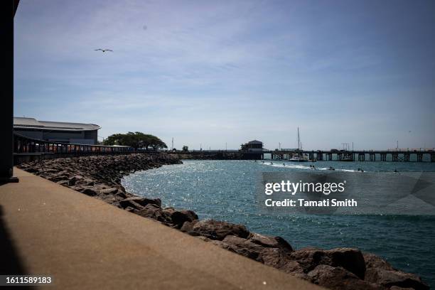 The jetty leading to Stokes Hill Wharf on August 12, 2023 in Darwin, Australia. At the 2021 census, Darwin had a population of about 140,000 people,...