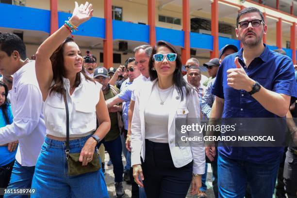 Ecuador's presidential candidate for the Revolucion Ciudadana party, Luisa Gonzalez , accompanies Guayas Province prefect Marcela Aguiñaga during her...