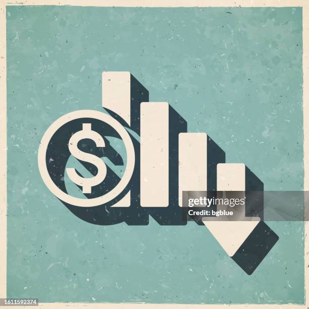dollar rate decrease. icon in retro vintage style - old textured paper - falling dollars stock illustrations