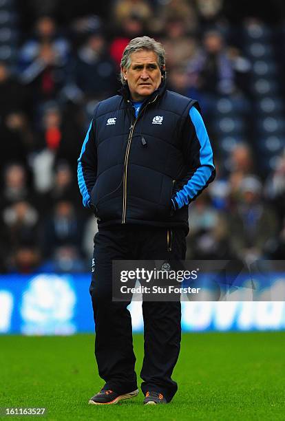 Scotland coach Scott Johnson looks on before the RBS Six Nations match between Scotland and Italy at Murrayfield Stadium on February 09, 2013 in...