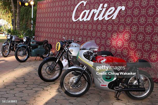 Vintage motorcycles on display are displayed during Cartier 'Travel With Style' Concours 2013 Opening at Taj Lands End on February 9, 2013 in Mumbai,...