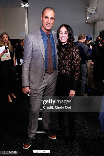 Nigel Barker poses with designer Jill Stuart backstage at the Jill Stuart Fall 2013 fashion show during Mercedes-Benz Fashion Week at The Stage at...
