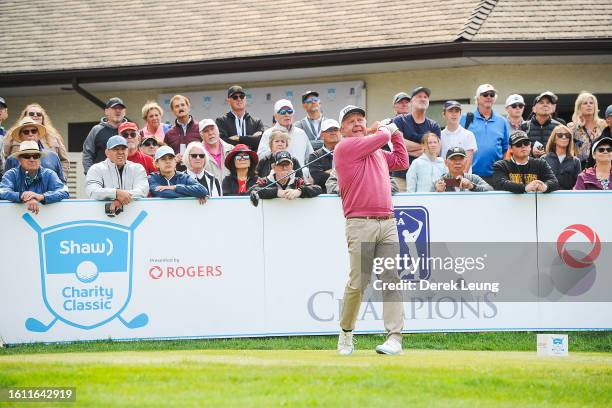 Billy Mayfair of United States tees off on hole one on the final day of the Shaw Charity Classic at Canyon Meadows Golf & Country Club on August 20,...