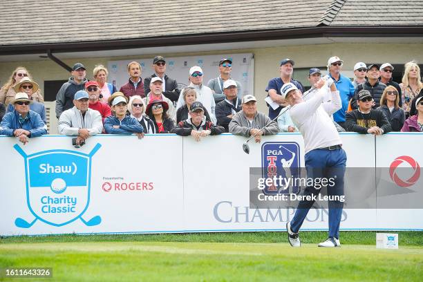 Jeff Maggert of United States tees off on hole one on the final day of the Shaw Charity Classic at Canyon Meadows Golf & Country Club on August 20,...