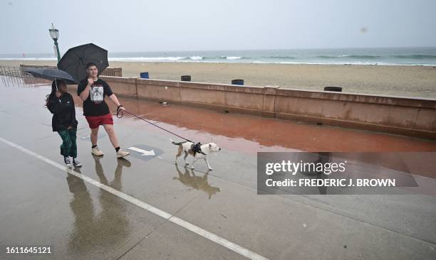 Couple holding umbrellas walk their dog at Mission Bay Beach in San Diego, California, on August 20 ahead of rains from Tropical Storm Hilary....
