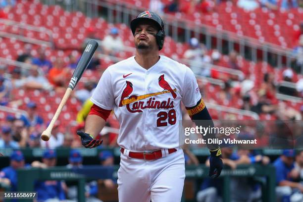 Nolan Arenado of the St. Louis Cardinals reacts to striking out against the New York Mets in the third inning at Busch Stadium on August 20, 2023 in...