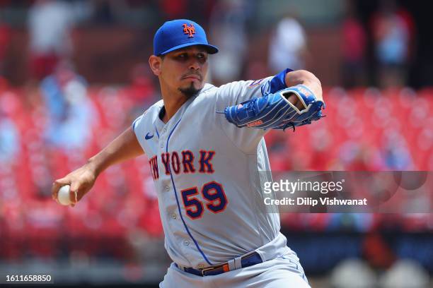 Carlos Carrasco of the New York Mets delivers a pitch against the St. Louis Cardinals in the first inning at Busch Stadium on August 20, 2023 in St...