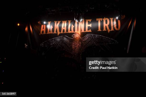 View of the stage banner for American punk band Alkaline Trio during a show at Metro, Chicago, Illinois, April 20, 2009.