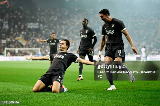Federico Chiesa of Juventus celebrates 0-1 goal during the Serie A TIM match between Udinese Calcio and Juventus at Dacia Arena on August 20, 2023 in...