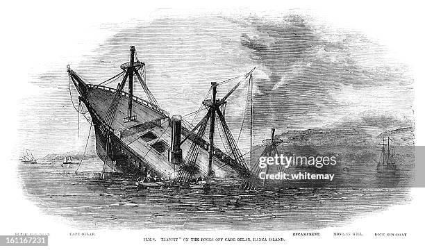 'hms transit' wrecked off banca island, sumatra (1857 engraving iln) - ships bow stock illustrations