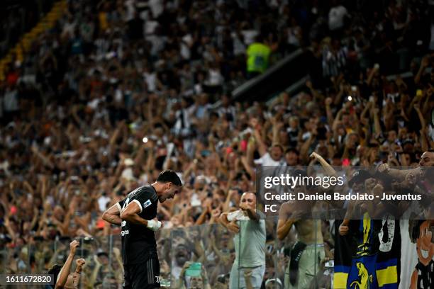 Dusan Vlahovic of Juventus celebrates 0-2 goal during the Serie A TIM match between Udinese Calcio and Juventus at Dacia Arena on August 20, 2023 in...