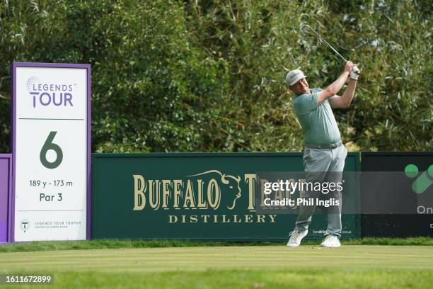 Greig Hutcheon of Scotland during Day Two of the Legends Tour Trophy hosted by Simon Khan at Hanbury Manor Marriott Hotel & Country Club on August...