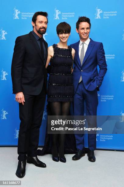 Hugh Jackman, Anne Hathaway and Eddie Redmayne attend the 'Les Miserables' Photocall during the 63rd Berlinale International Film Festival at Grand...