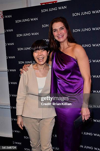 Designer Son Jung Wan and actress Brooke Shields attend Son Jung Wan during Fall 2013 Mercedes-Benz Fashion Week at The Studio at Lincoln Center on...