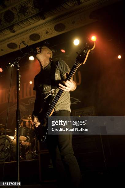 American punk band Alkaline Trio perform at Metro, Chicago, Illinois, April 20, 2009. Pictured is bassist Dan Andriano--drummer Derek Grant is mostly...