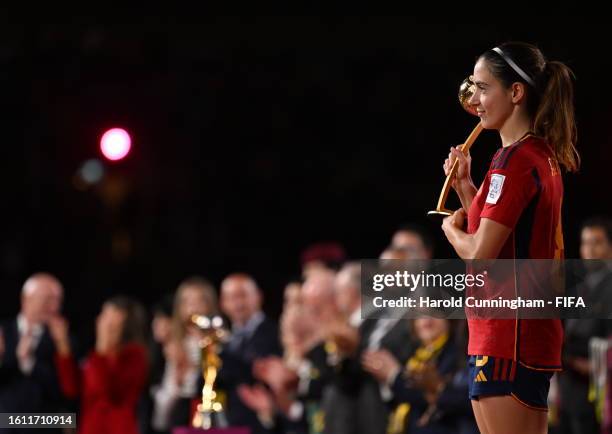 Adidas Golden ball winner Aitana Bonmatí of Spain poses during the trophy ceremony after the FIFA Women's World Cup Australia & New Zealand 2023...