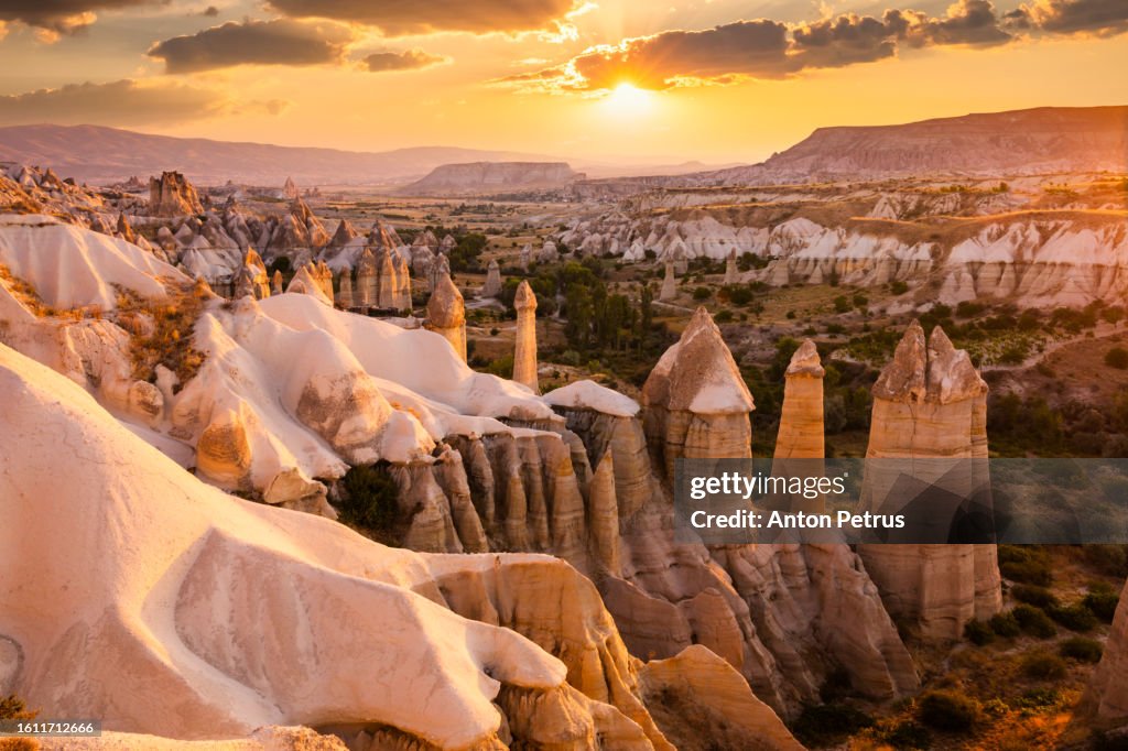 Love Valley at sunrise in Cappadocia, Turkey
