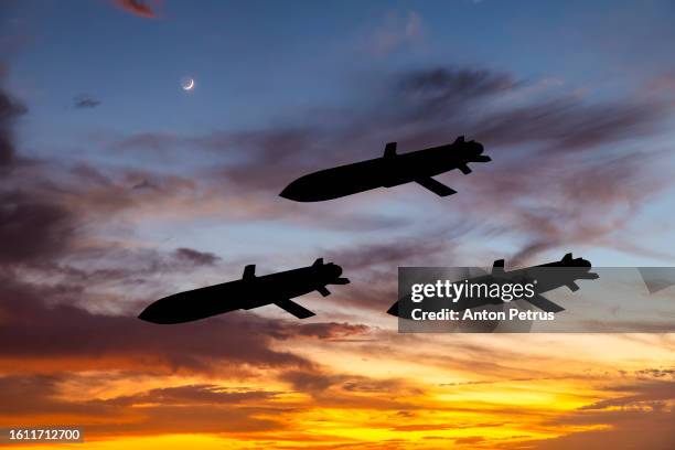 stealth missile against the sunset sky - cruise missile stock pictures, royalty-free photos & images