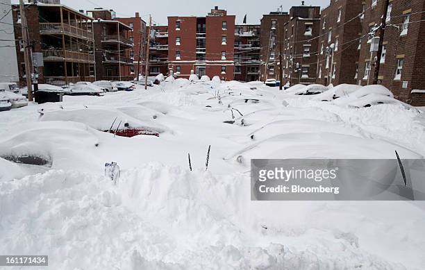 Cars sit buried under snow in a parking lot off of Brainerd Street after Winter Storm Nemo in Boston, Massachusetts, U.S., on Saturday, Feb. 9, 2013....