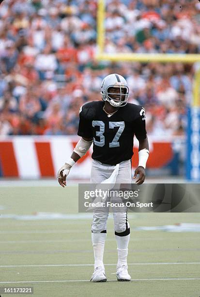 Defensive back Lester Hayes of the Oakland Raiders in action against the New England Patriots during an NFL football game circa 1981 at Foxboro...