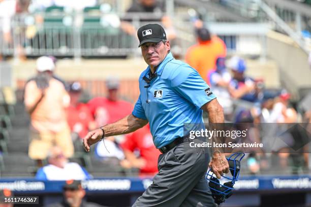 Umpire Angel Hernandez during the the MLB game between the San Francisco Giants and Atlanta Braves on August 20 at Truist Park in Atlanta, GA.