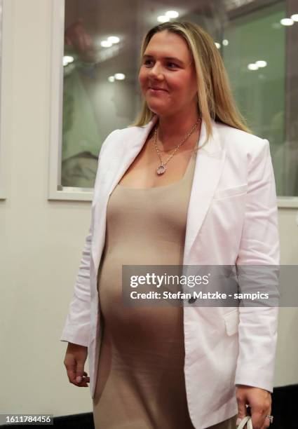 Wife of Harry Kane Katie Goodland during an official press conference announcing his signing with the club at Presse Club of Allianz Arena on August...