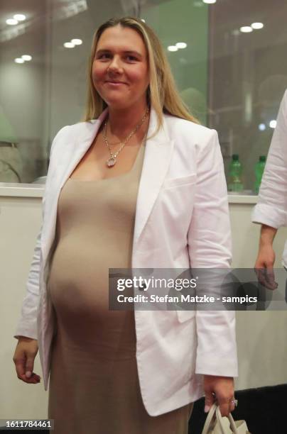 Wife of Harry Kane Katie Goodland during an official press conference announcing his signing with the club at Presse Club of Allianz Arena on August...