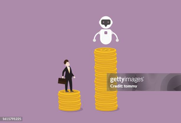 ai and a human employee standing on a stack of coins, ai employees receive a higher wage than human employees for artificial intelligence at the workplace - virtual business strategy stock illustrations