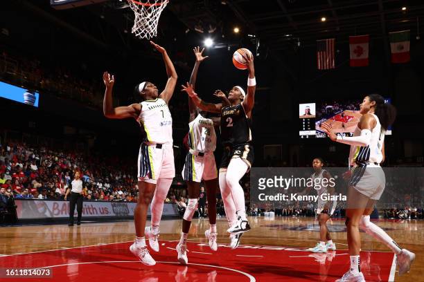 Myisha Hines-Allen of the Washington Mystics drives to the basket during the game against the Dallas Wings on August 20, 2023 at Entertainment &...